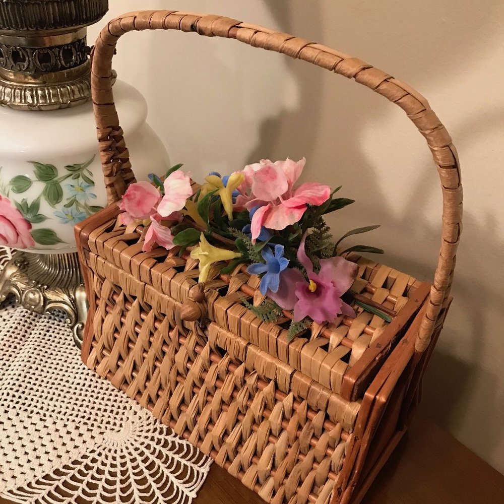 Vintage Basket Purse with Floral Decorated Lid